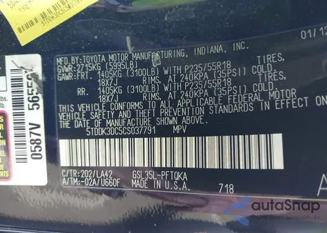 2012 Toyota Sienna Limited 7 Passenger z USA, uszkodzony, nr VIN 5TDDK3DC5CS037791